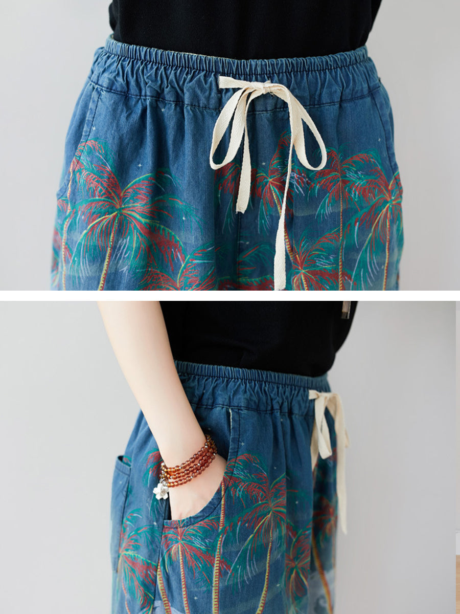 Women's Summer Artsy Print Pocket Wide-leg Denim Pants