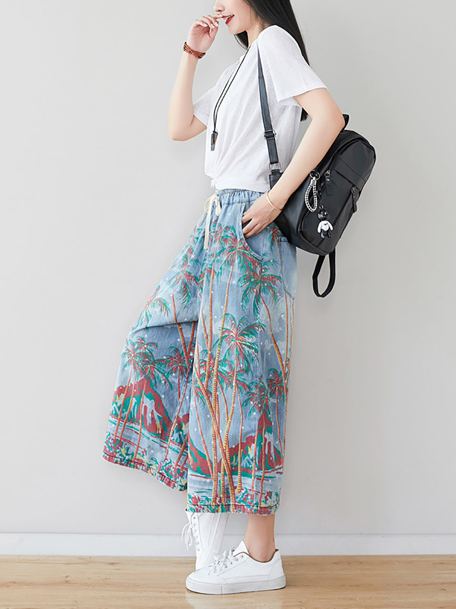 Women's Summer Artsy Print Pocket Wide-leg Denim Pants