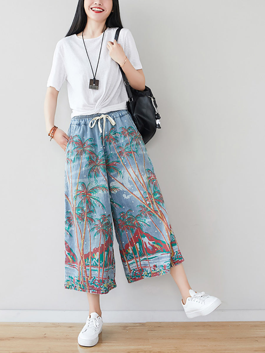 Women's Summer Artsy Print Pocket Wide-leg Denim Pants