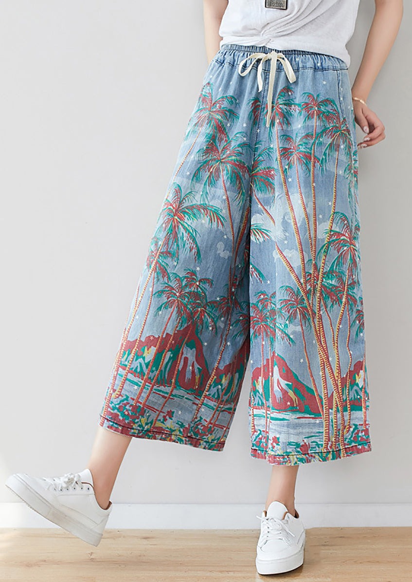 Women's Summer Artsy Print Pocket Wide-leg Denim Pants