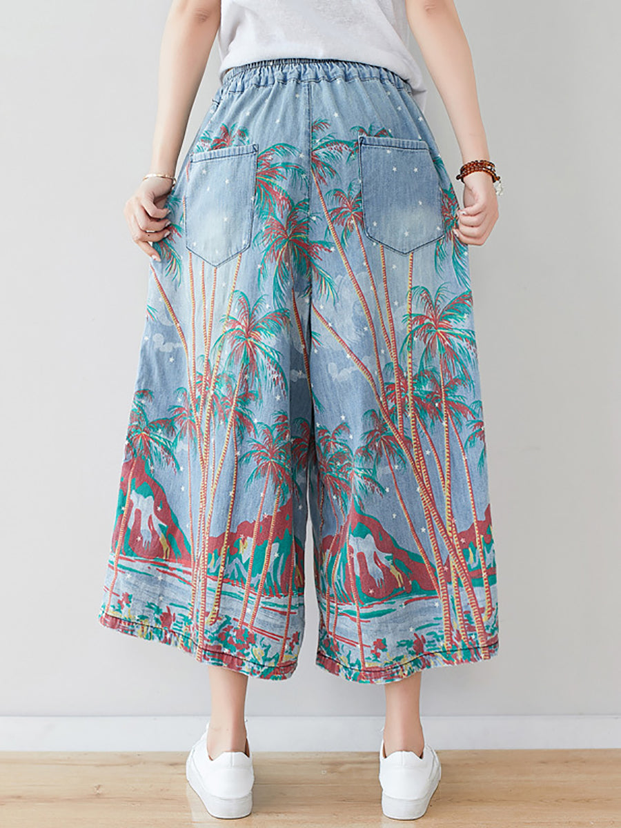 Women's Summer Artsy Print Pocket Wide-leg Denim Pants