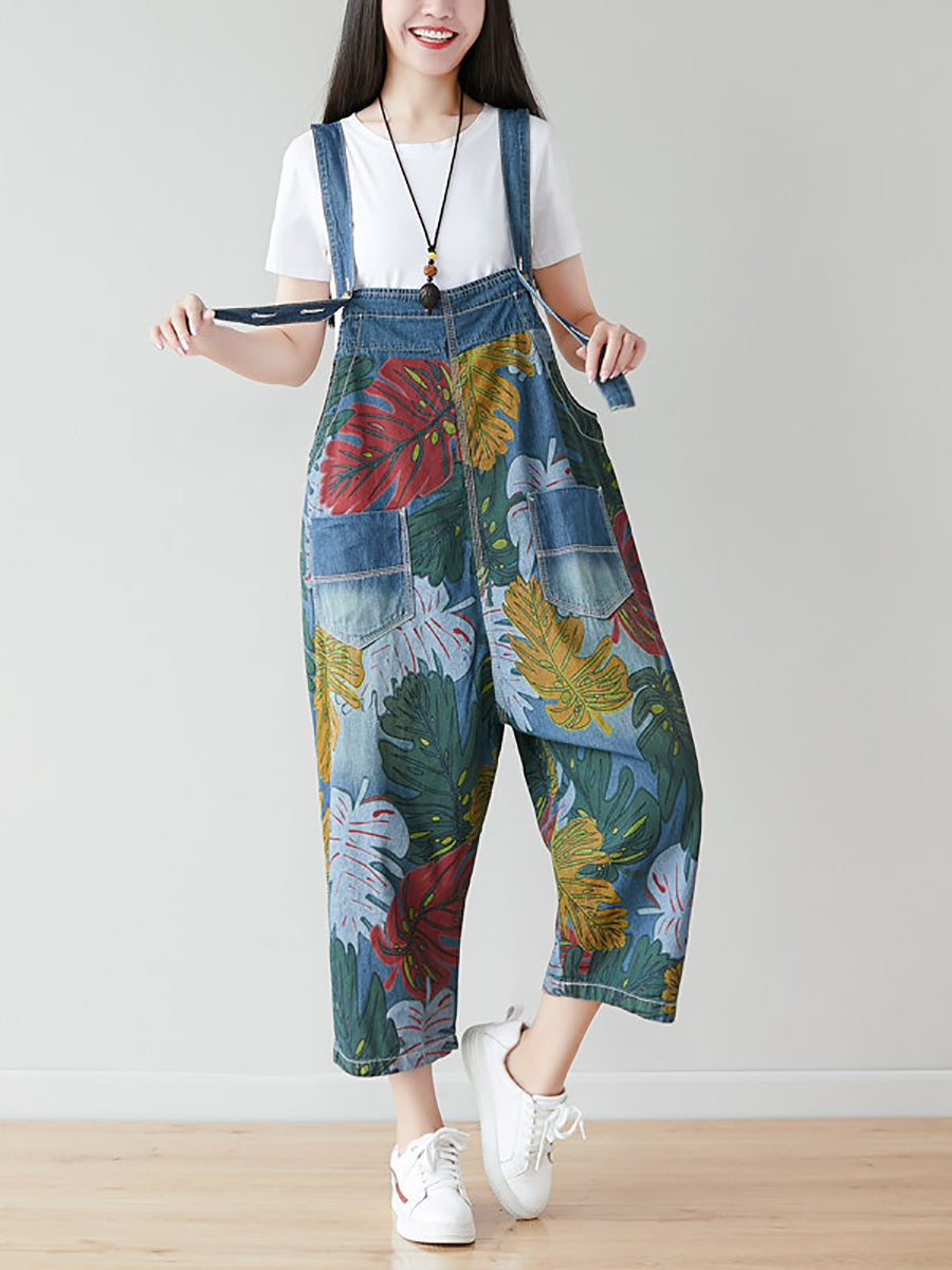 Plus Size Summer Artsy Leaf Pocket Denim Jumpsuits