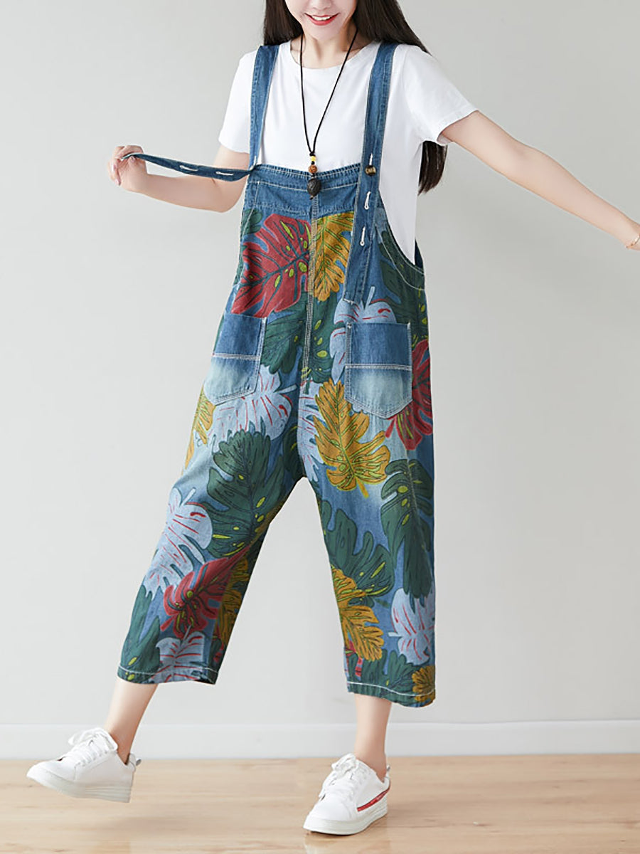 Plus Size Summer Artsy Leaf Pocket Denim Jumpsuits