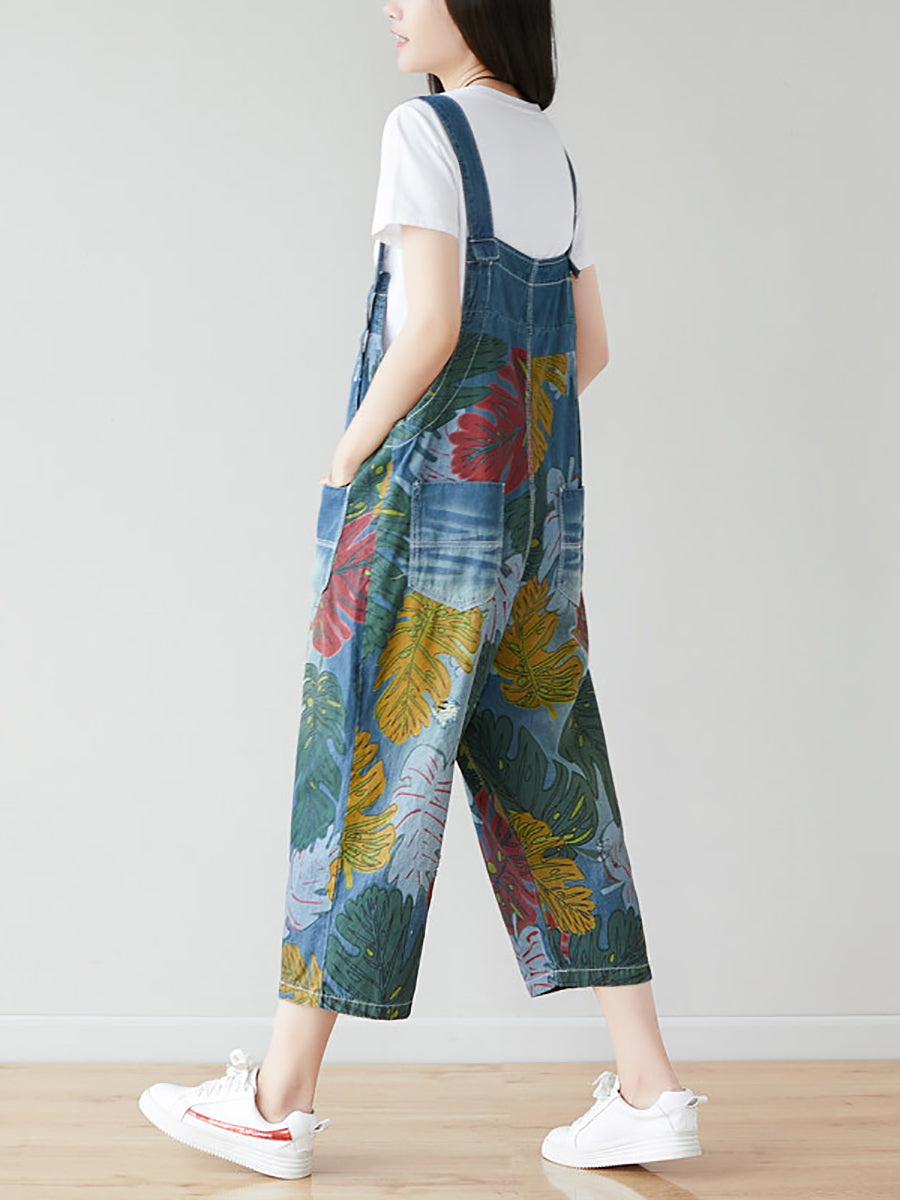 Plus Size Summer Artsy Leaf Pocket Denim Jumpsuits