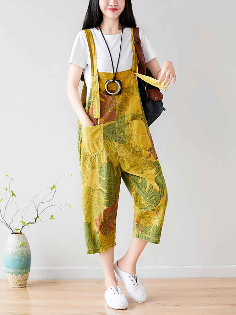 Plus Size Summer Artsy Leaf Pocket Denim Jumpsuits