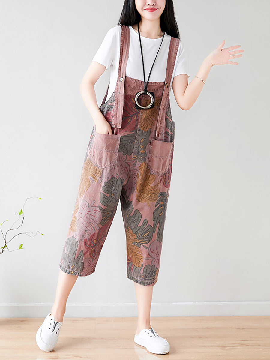 Plus Size Summer Artsy Leaf Pocket Denim Jumpsuits