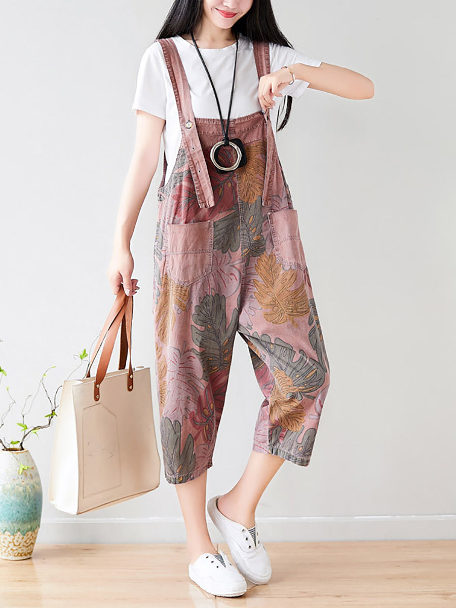 Plus Size Summer Artsy Leaf Pocket Denim Jumpsuits