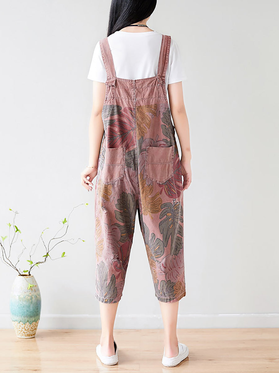 Plus Size Summer Artsy Leaf Pocket Denim Jumpsuits