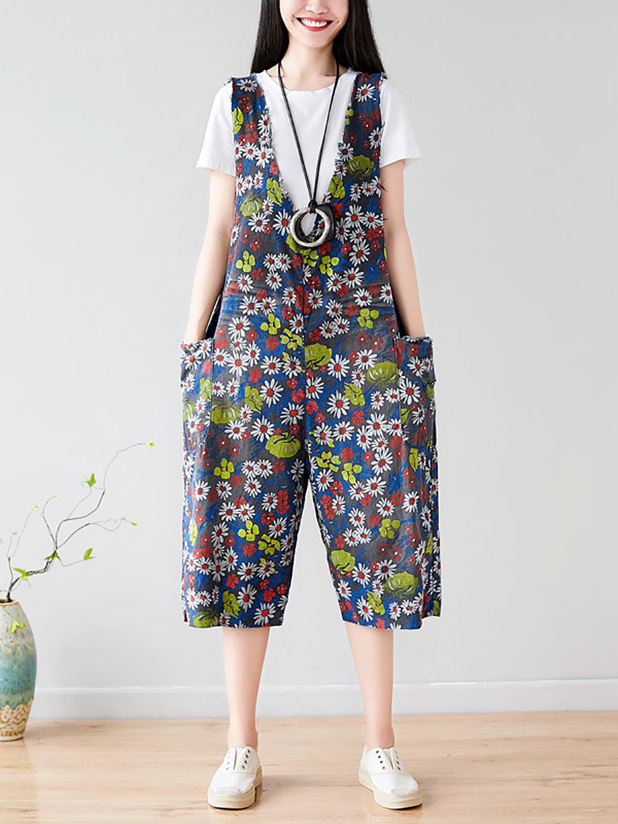 Summer Retro Floral Pocket Loose Denim Jumpsuits