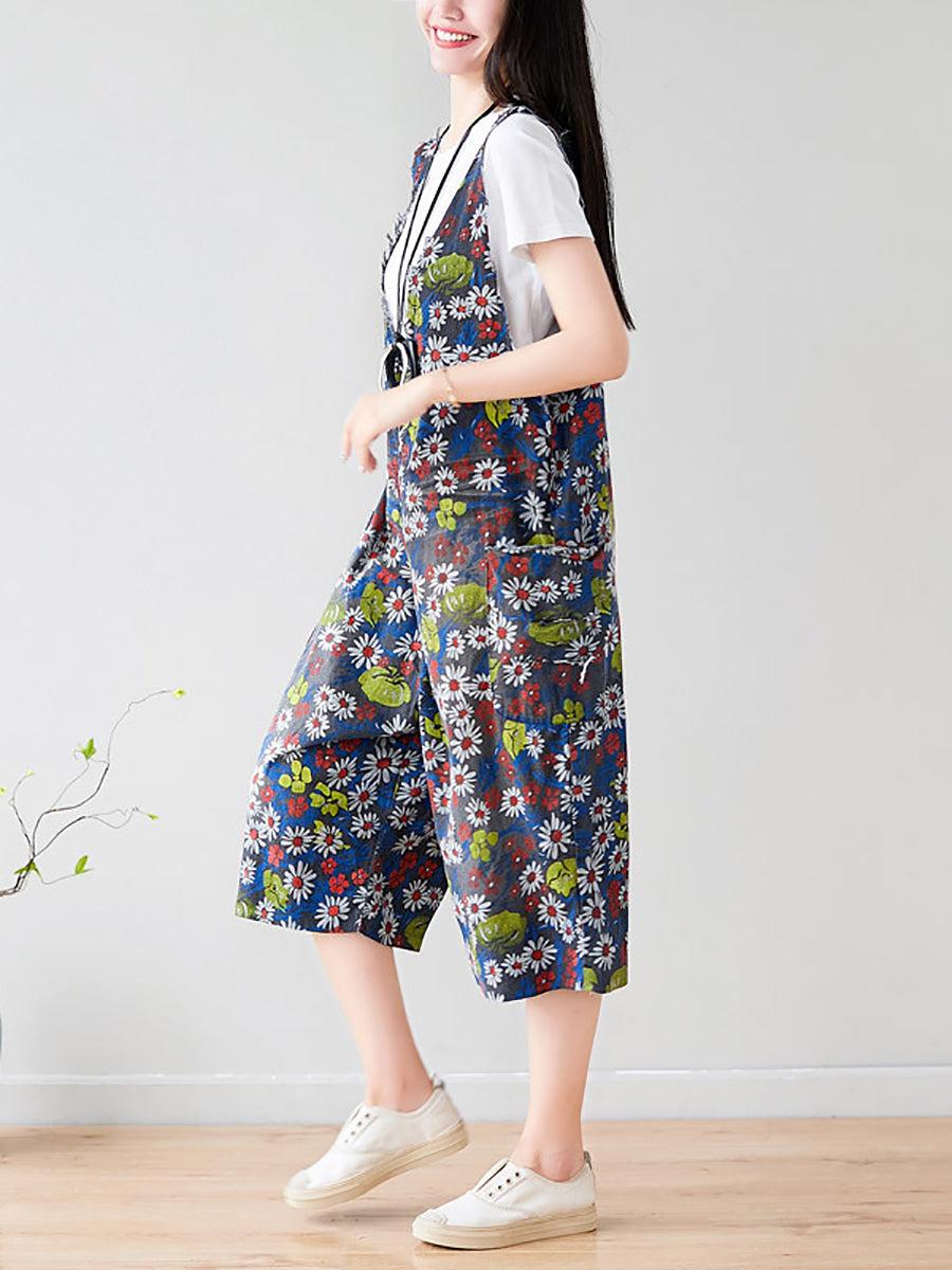 Summer Retro Floral Pocket Loose Denim Jumpsuits