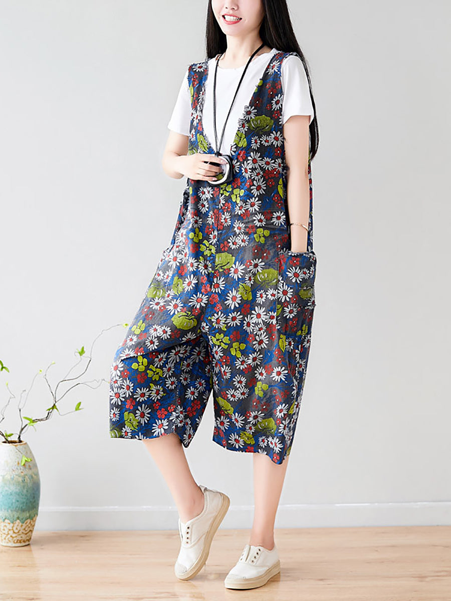 Summer Retro Floral Pocket Loose Denim Jumpsuits