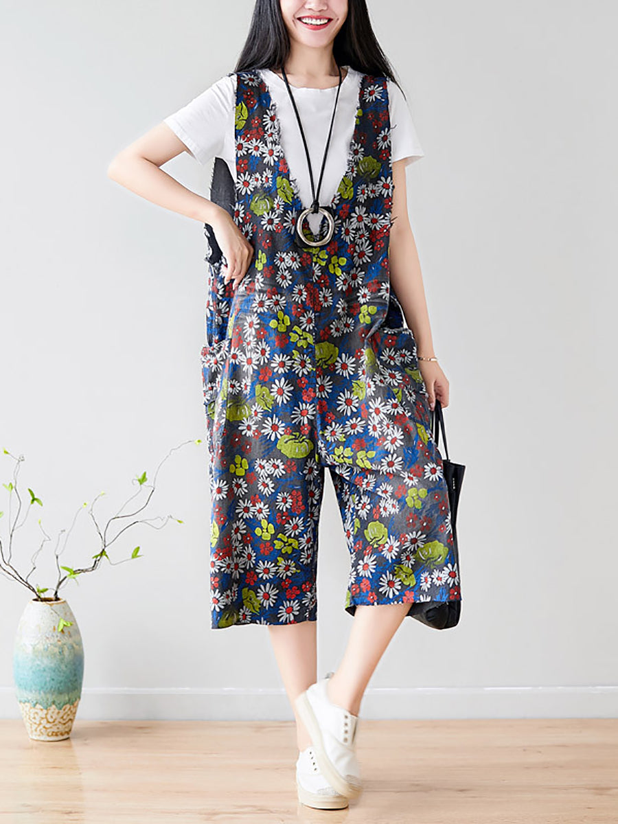 Summer Retro Floral Pocket Loose Denim Jumpsuits