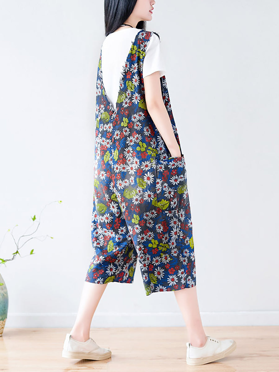 Summer Retro Floral Pocket Loose Denim Jumpsuits