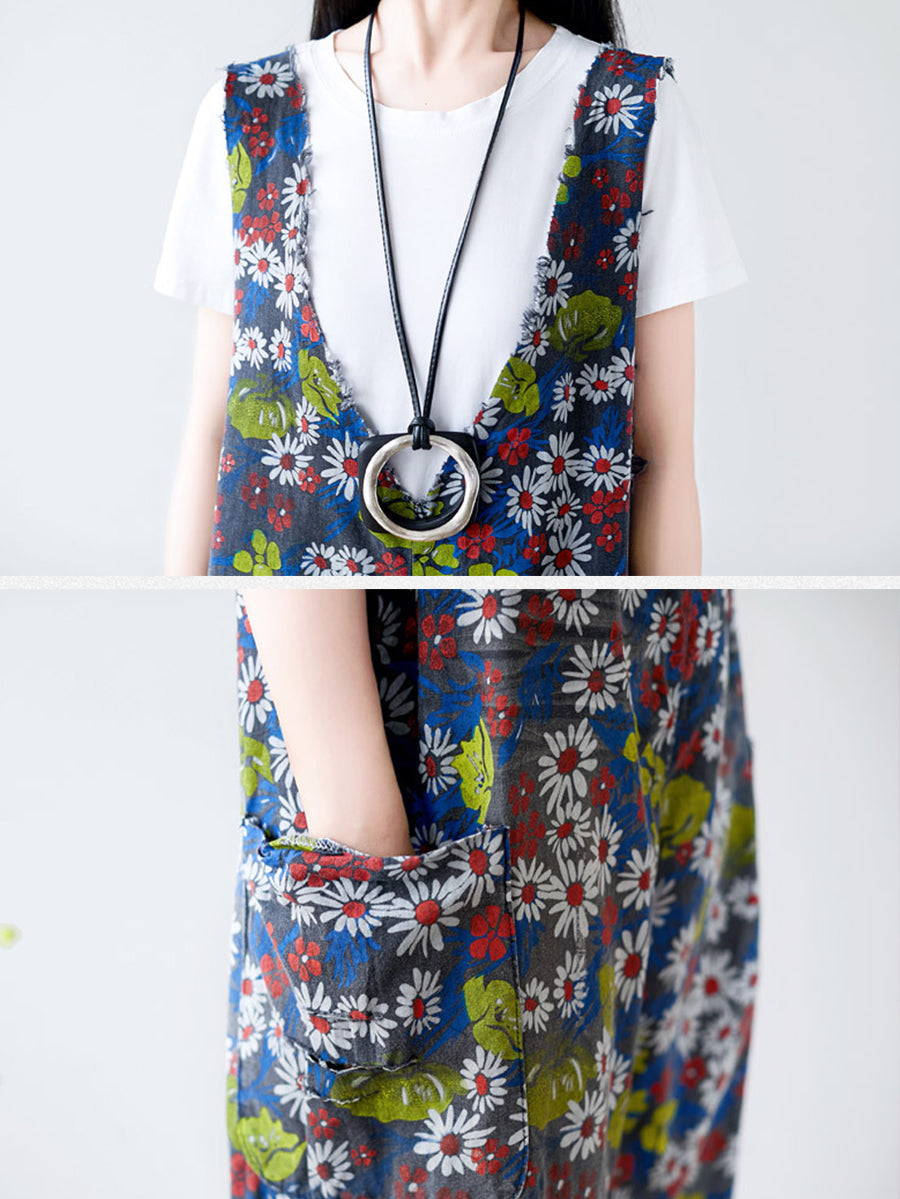 Summer Retro Floral Pocket Loose Denim Jumpsuits