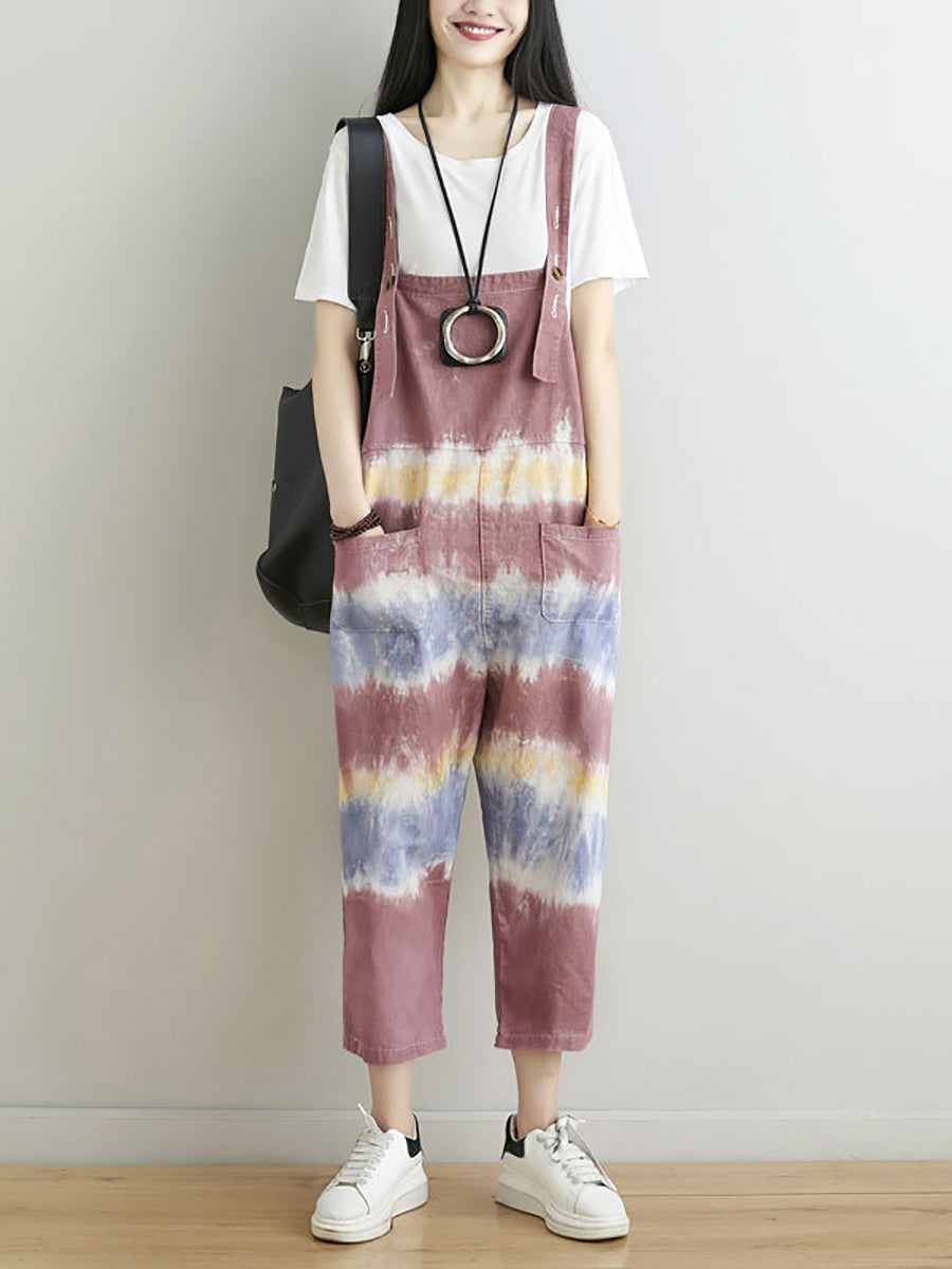 Women Summer Artsy Tie-dye Pocket Denim Jumpsuits