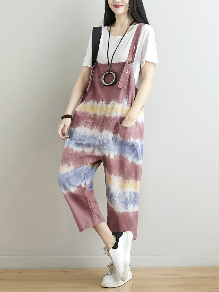 Women Summer Artsy Tie-dye Pocket Denim Jumpsuits