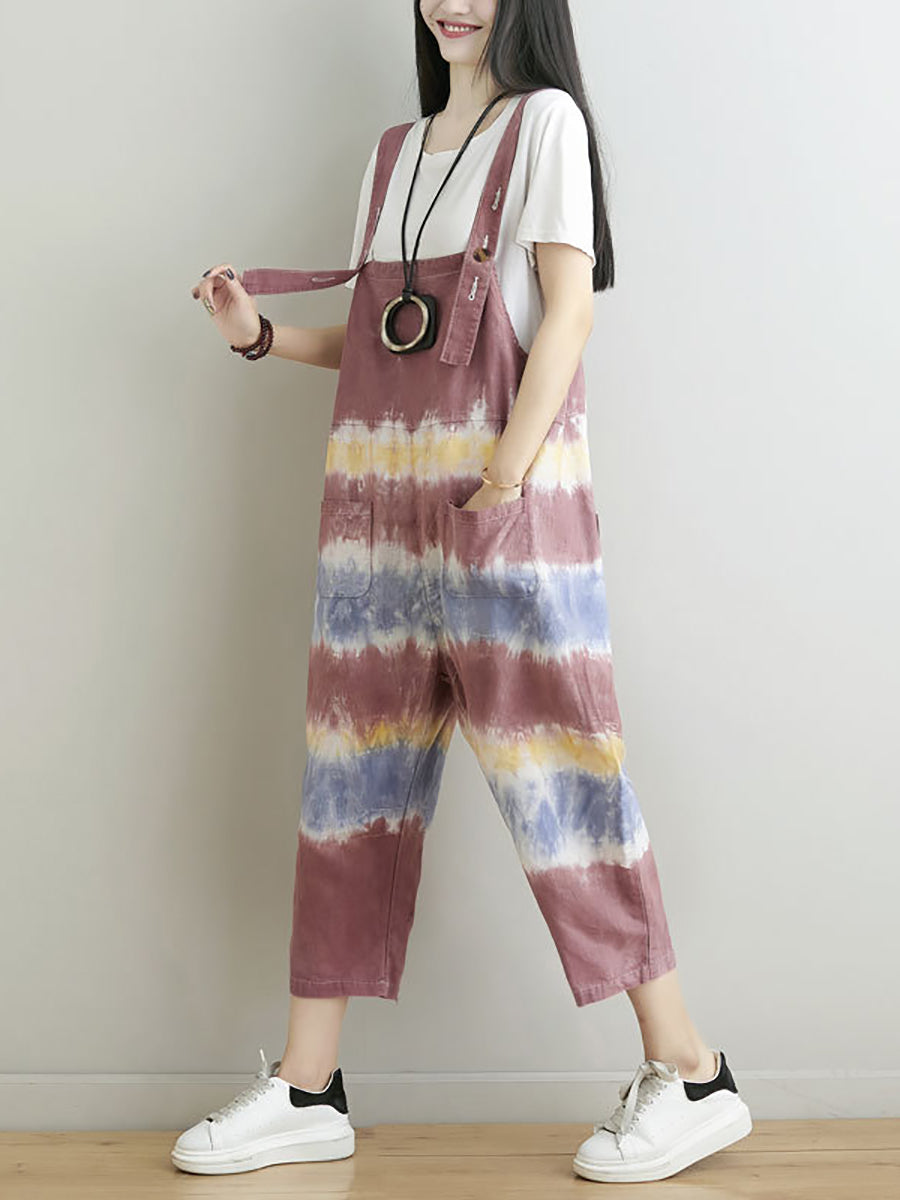 Women Summer Artsy Tie-dye Pocket Denim Jumpsuits