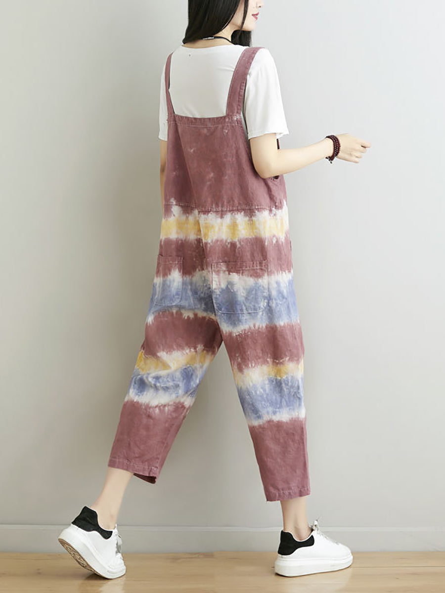 Women Summer Artsy Tie-dye Pocket Denim Jumpsuits