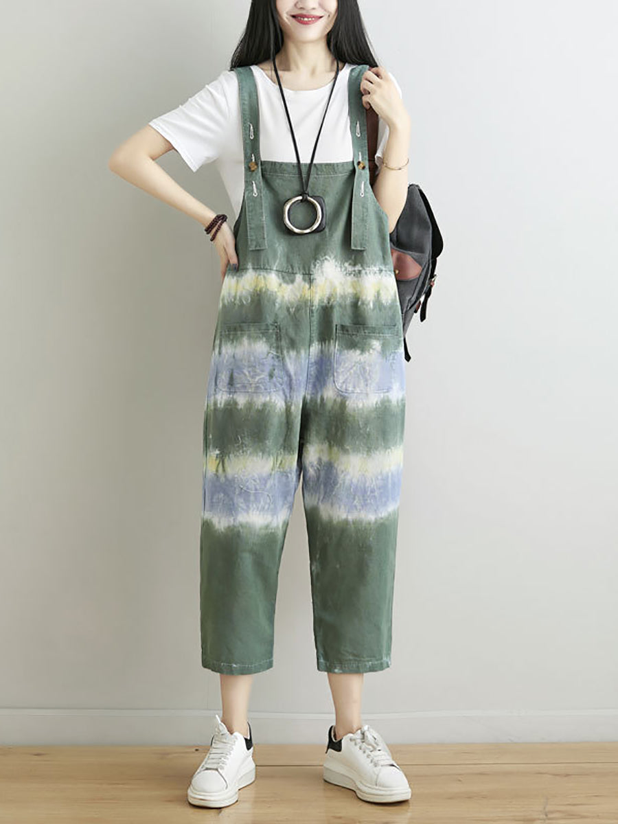 Women Summer Artsy Tie-dye Pocket Denim Jumpsuits