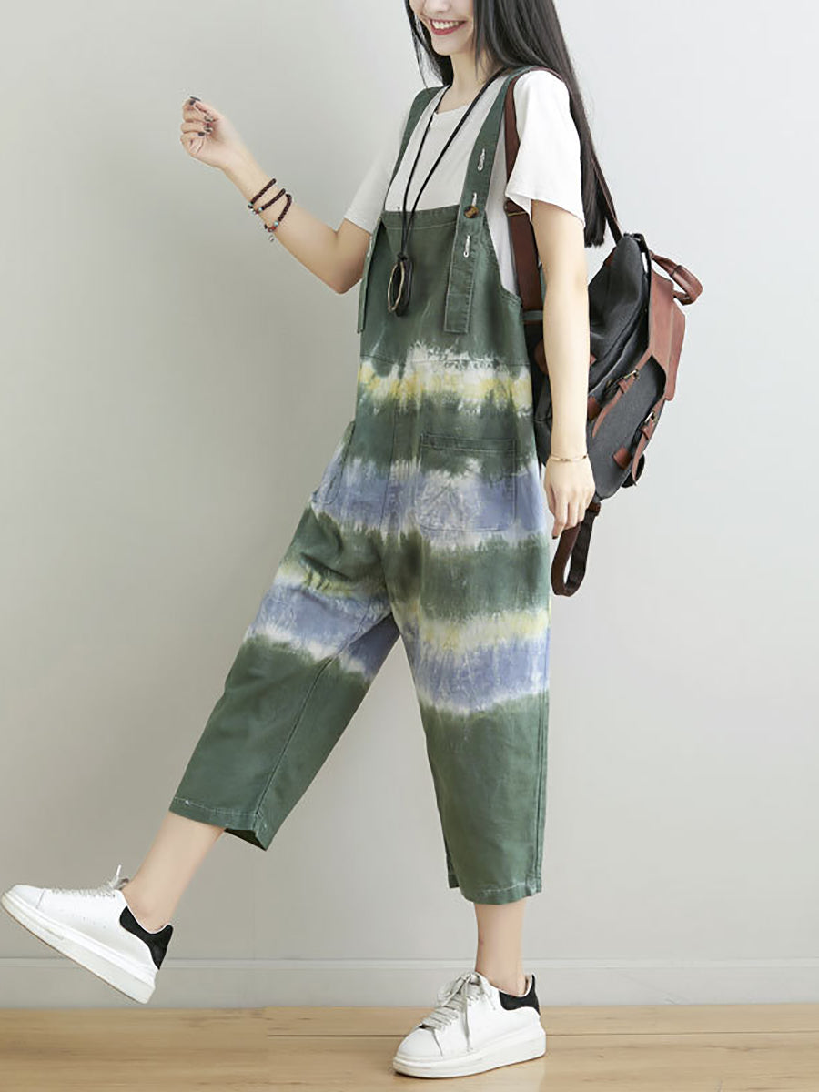 Women Summer Artsy Tie-dye Pocket Denim Jumpsuits