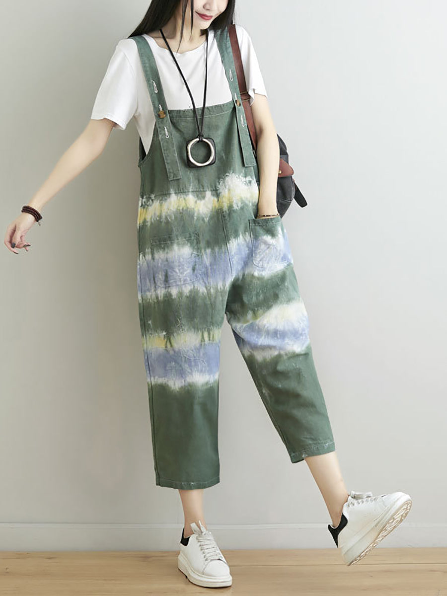 Women Summer Artsy Tie-dye Pocket Denim Jumpsuits