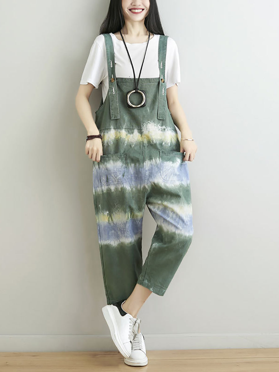 Women Summer Artsy Tie-dye Pocket Denim Jumpsuits