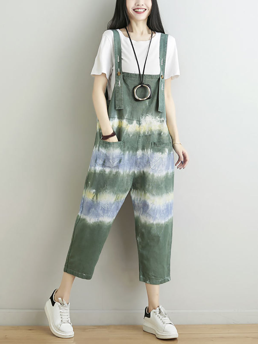 Women Summer Artsy Tie-dye Pocket Denim Jumpsuits