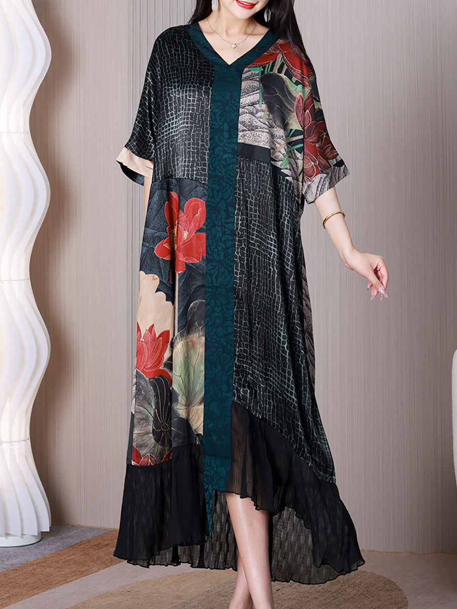 Summer Ethnic Flower Spliced V-Neck Loose Dress