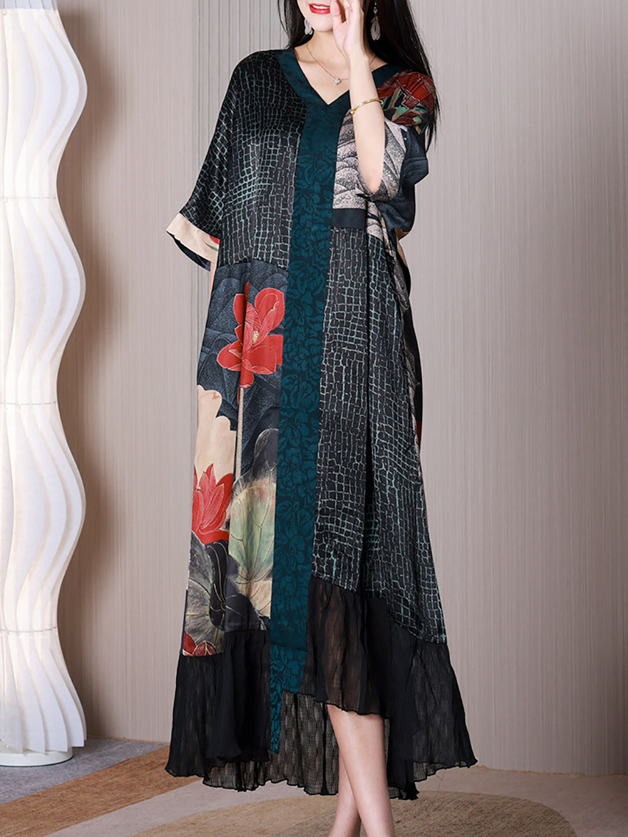 Summer Ethnic Flower Spliced V-Neck Loose Dress