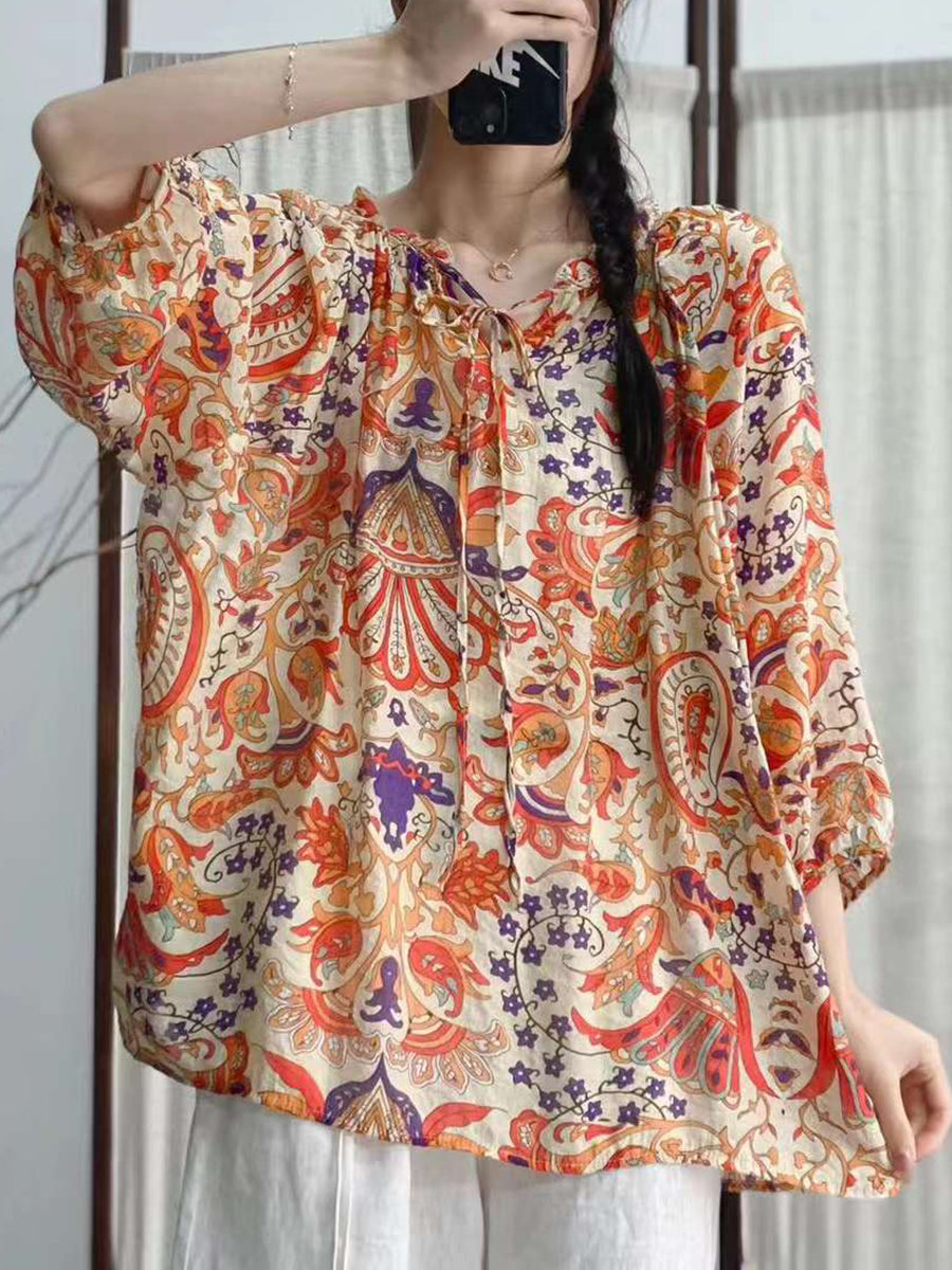 Women Summer Artsy Floral Drawstring Lacework Loose Shirt