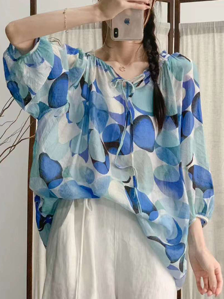 Women Summer Artsy Floral Drawstring Lacework Loose Shirt