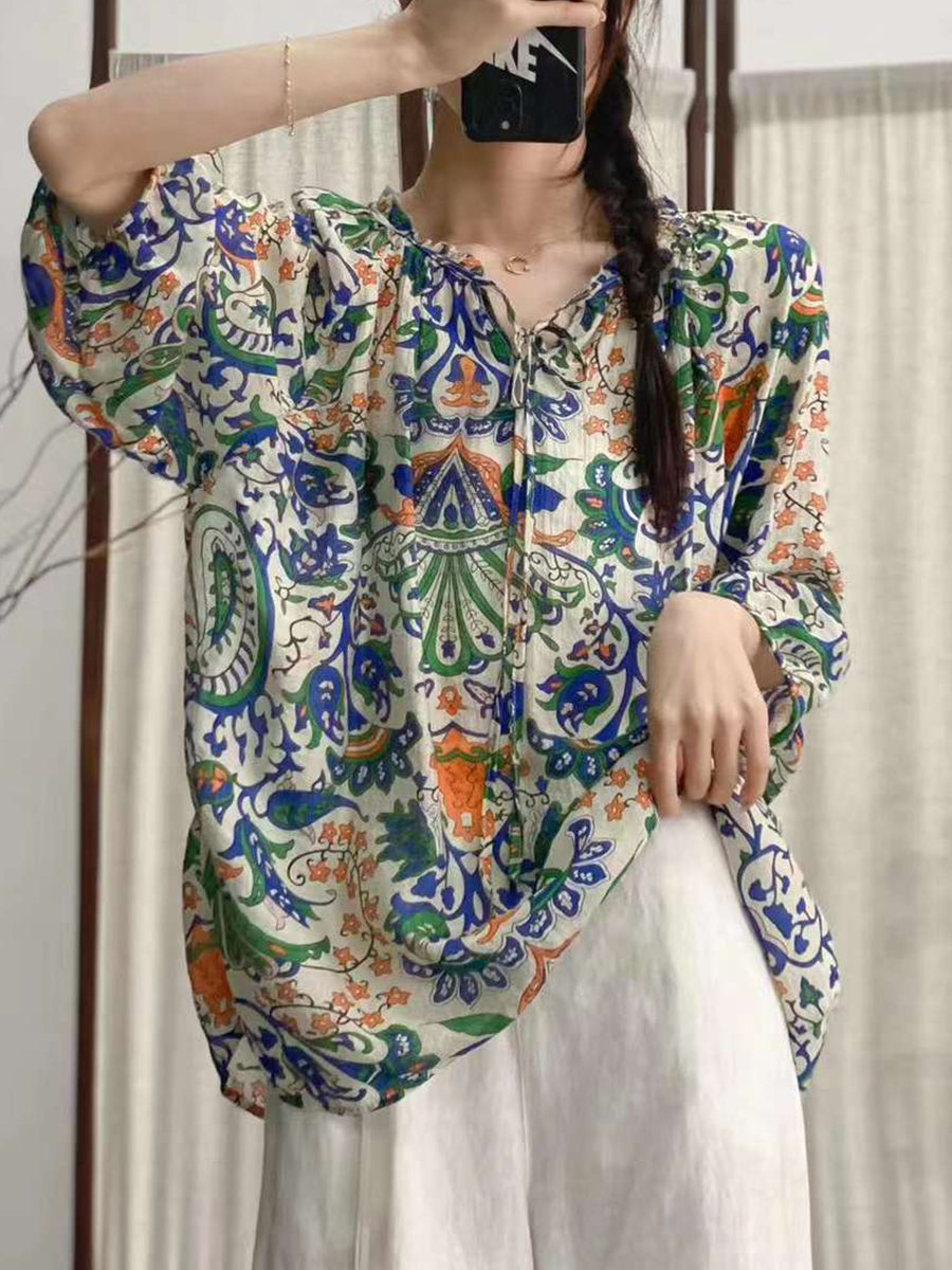 Women Summer Artsy Floral Drawstring Lacework Loose Shirt