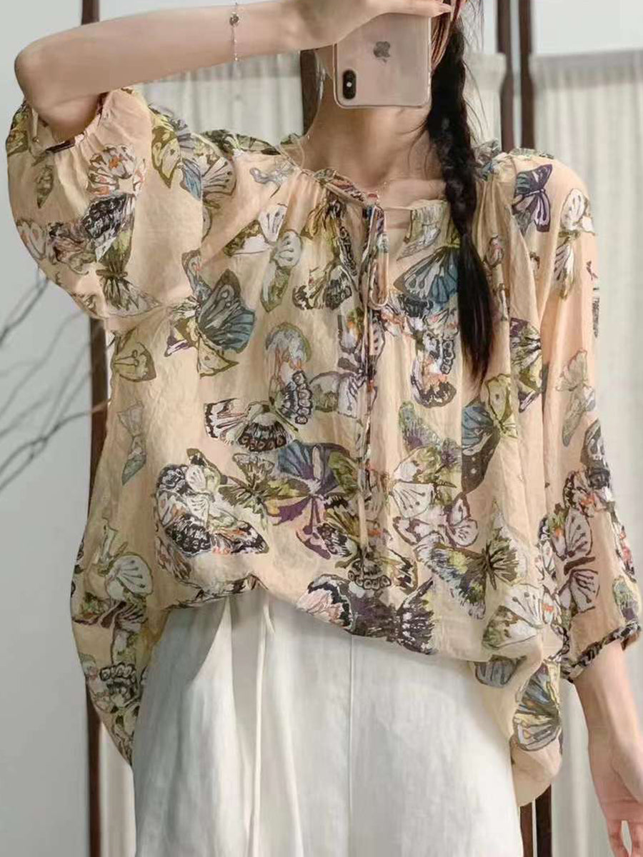 Women Summer Artsy Floral Drawstring Lacework Loose Shirt