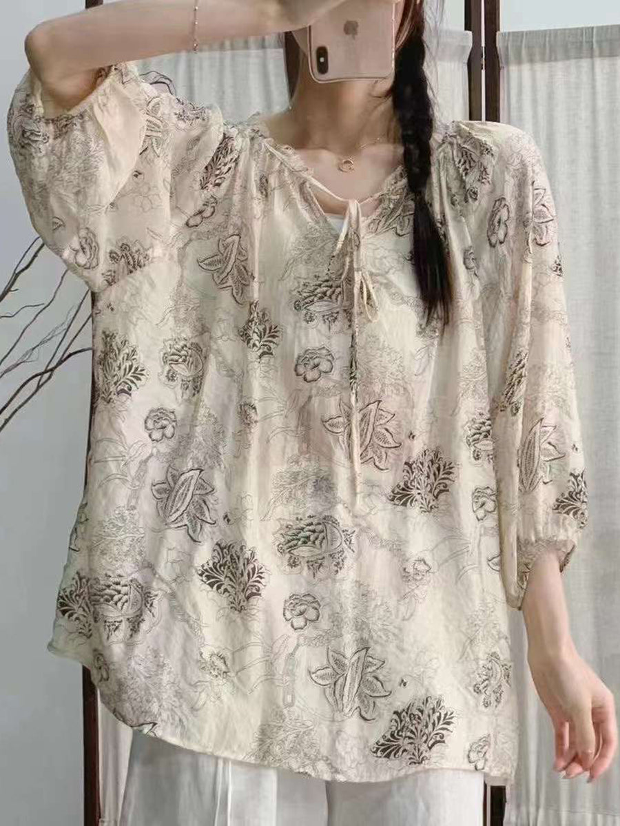 Women Summer Artsy Floral Drawstring Lacework Loose Shirt