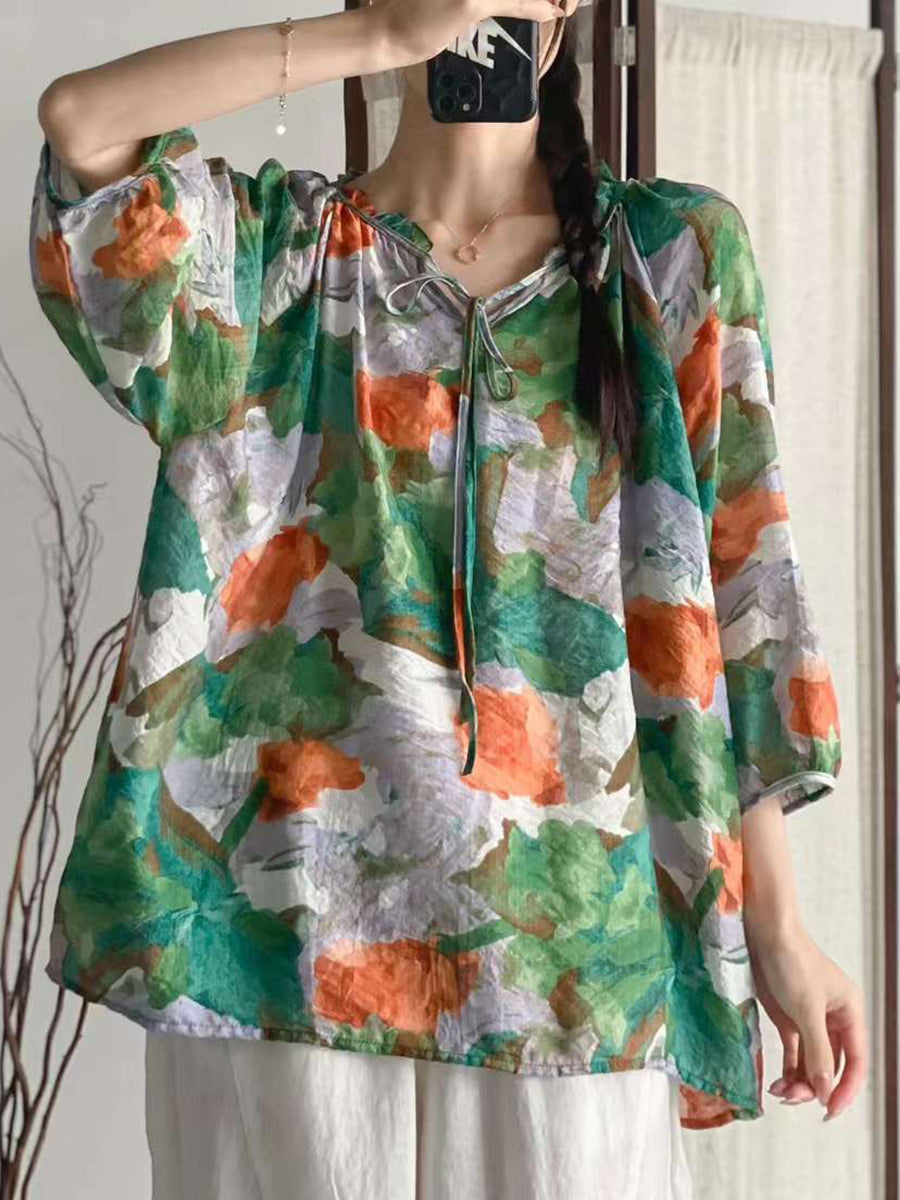 Women Summer Artsy Floral Drawstring Lacework Loose Shirt