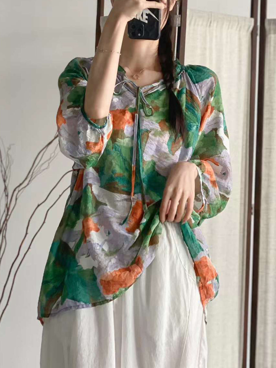 Women Summer Artsy Floral Drawstring Lacework Loose Shirt