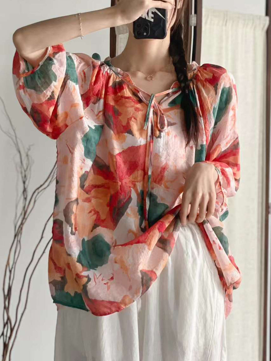 Women Summer Artsy Floral Drawstring Lacework Loose Shirt