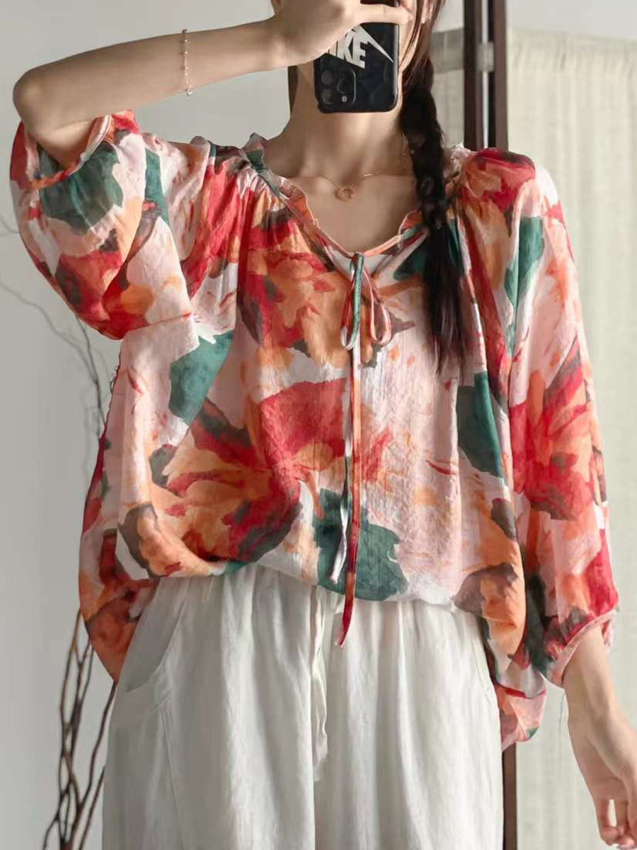 Women Summer Artsy Floral Drawstring Lacework Loose Shirt