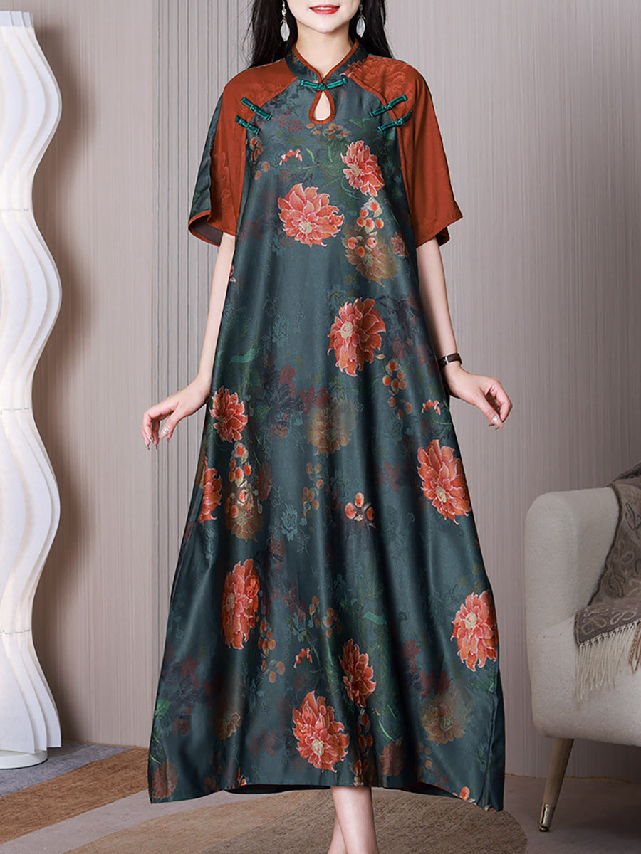 Women Ethnic Flower Spliced Button Loose Dress