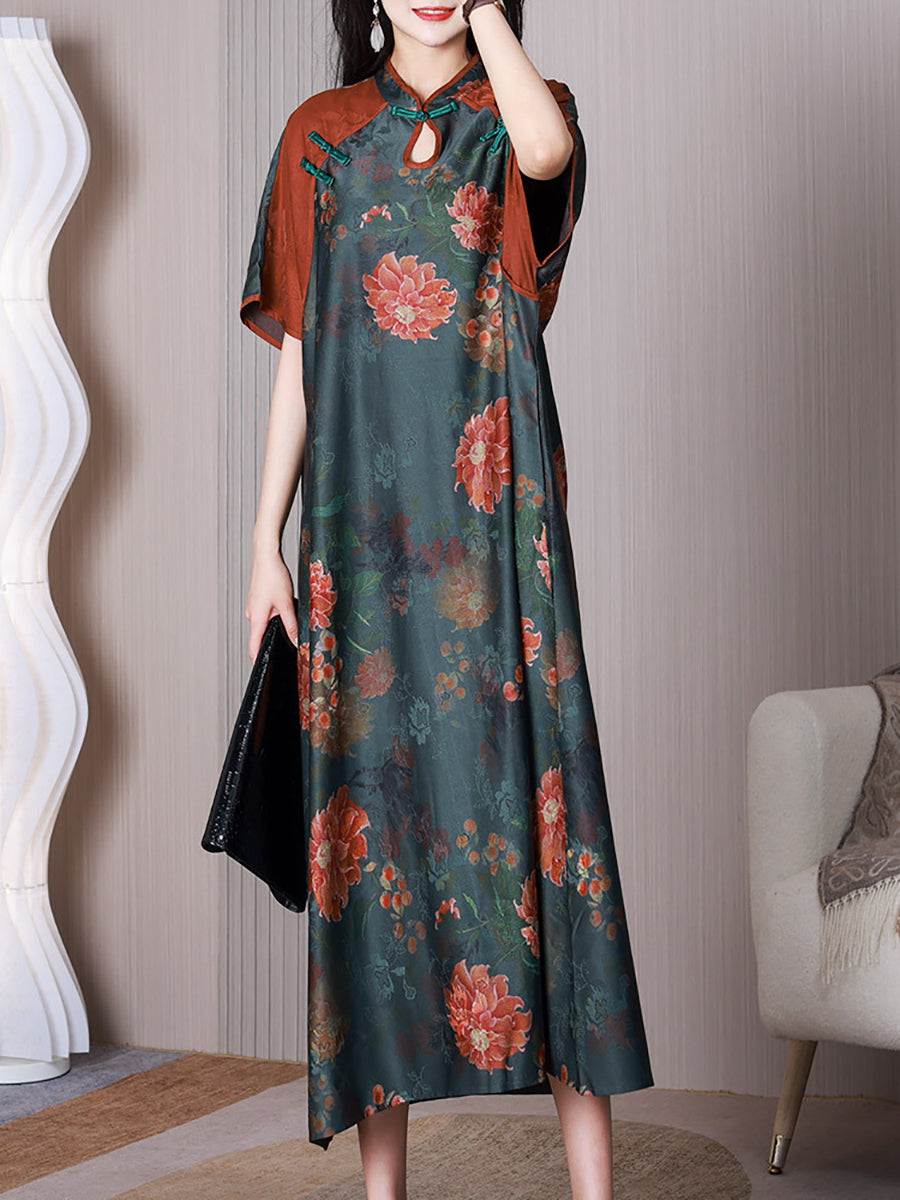 Women Ethnic Flower Spliced Button Loose Dress