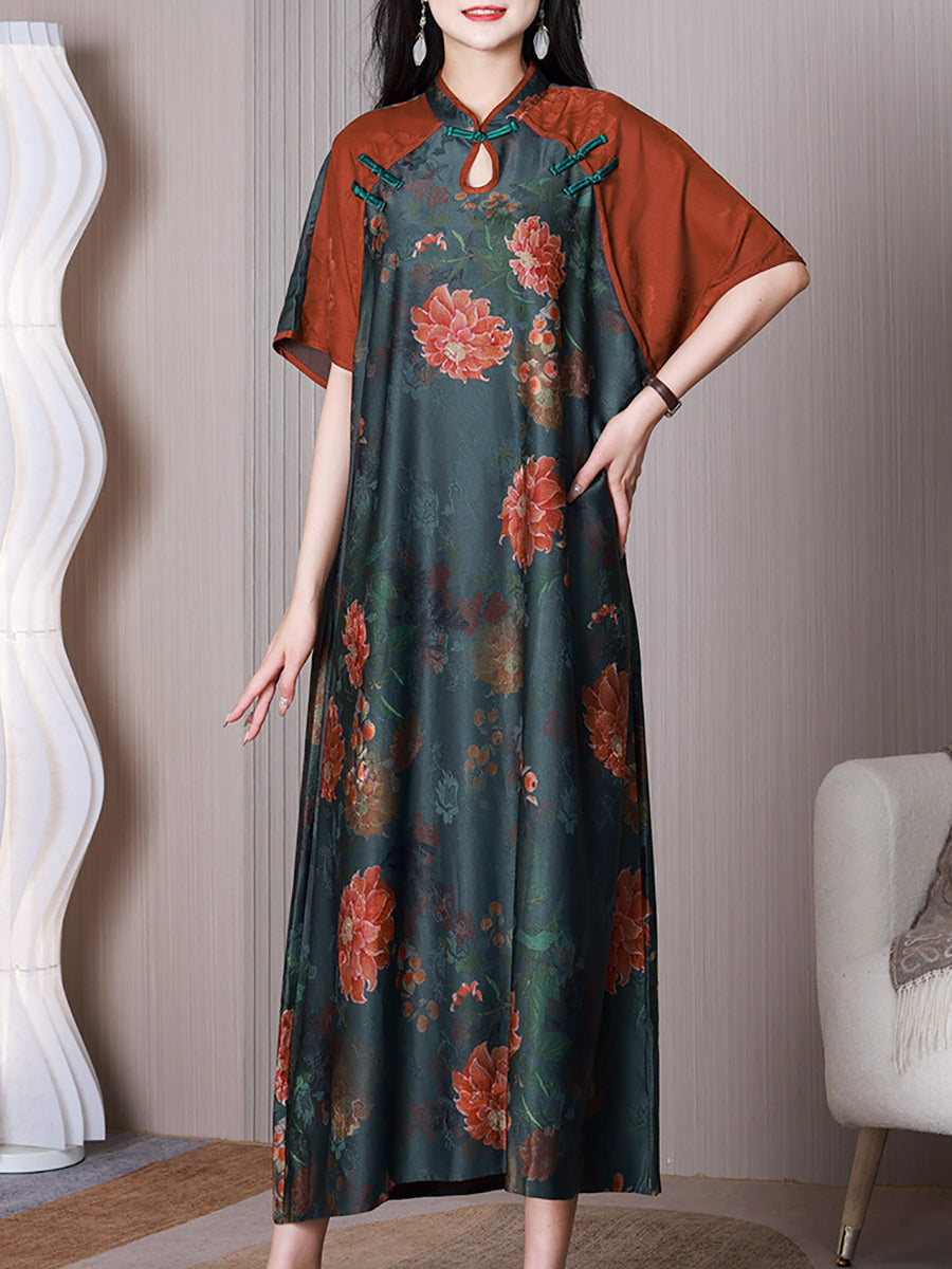 Women Ethnic Flower Spliced Button Loose Dress