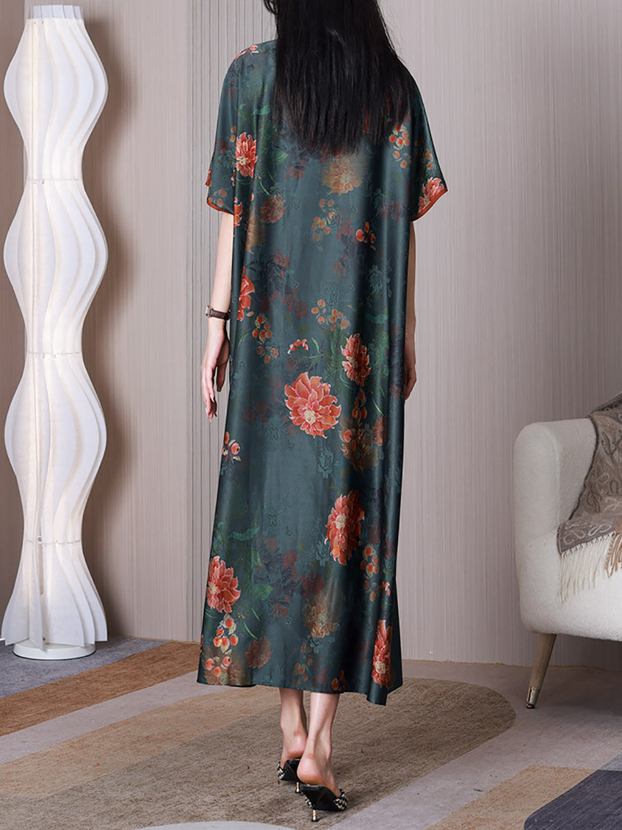 Women Ethnic Flower Spliced Button Loose Dress