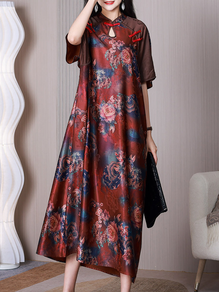 Women Ethnic Flower Spliced Button Loose Dress