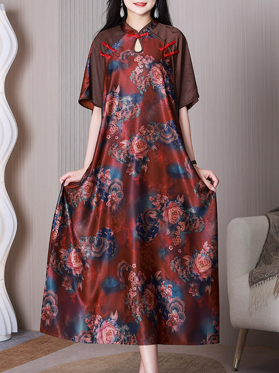 Women Ethnic Flower Spliced Button Loose Dress