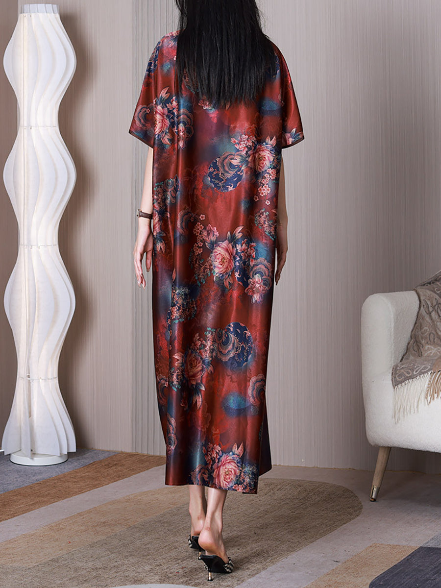 Women Ethnic Flower Spliced Button Loose Dress