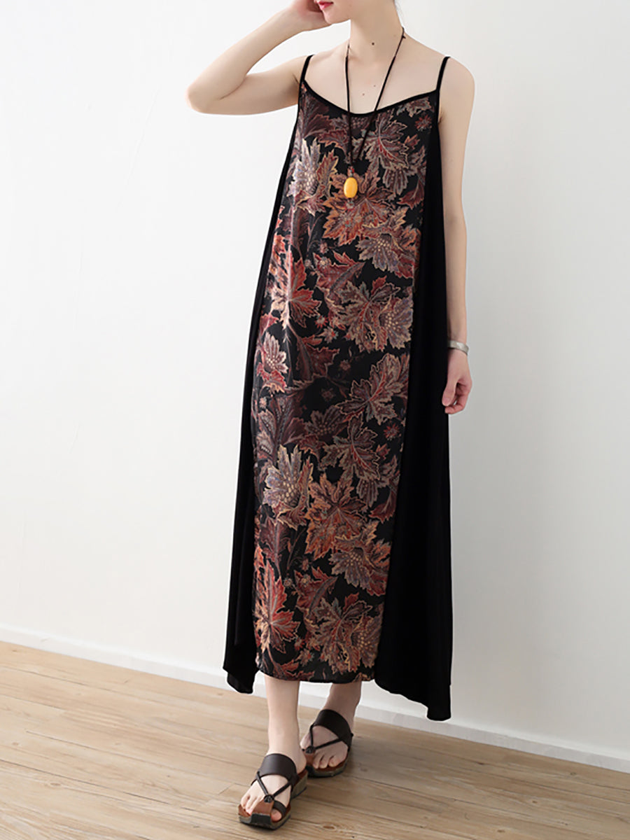 Women Vintage Flower Spliced Vest Long Dress