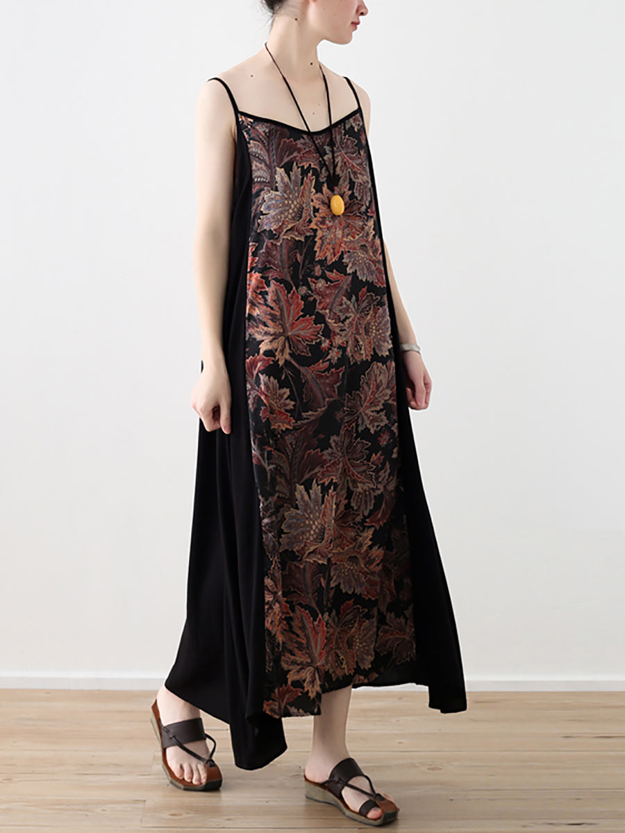 Women Vintage Flower Spliced Vest Long Dress