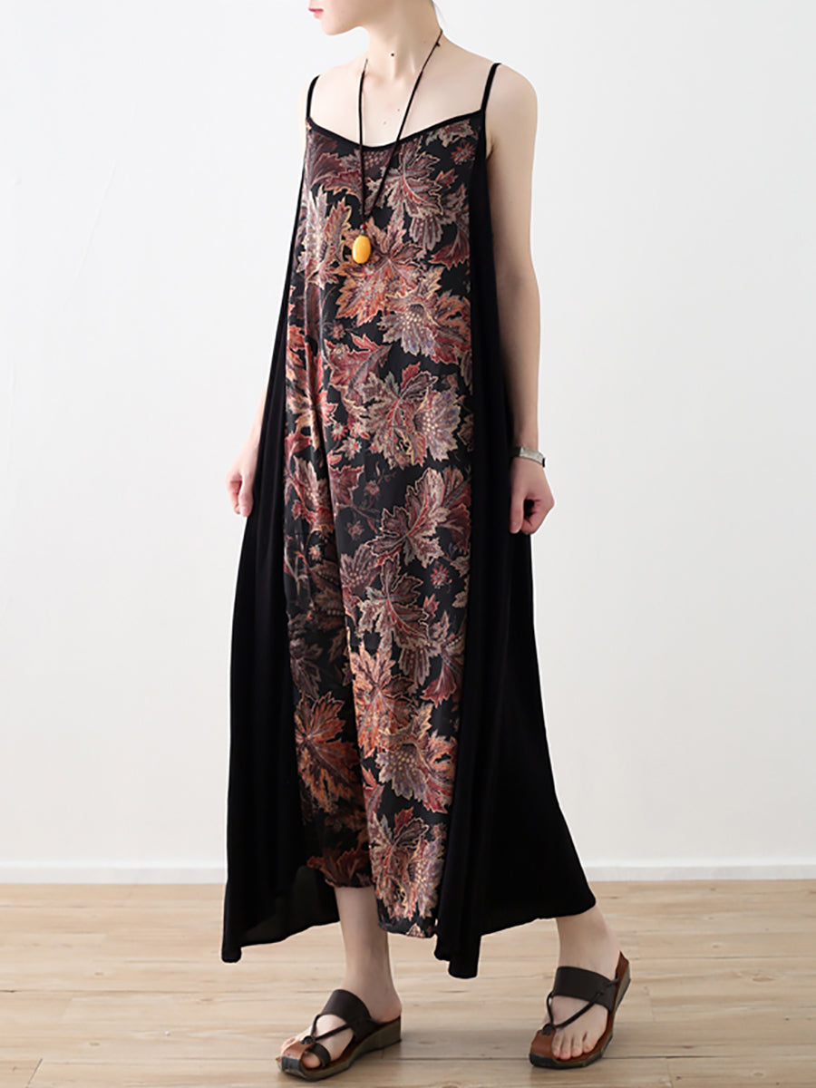 Women Vintage Flower Spliced Vest Long Dress