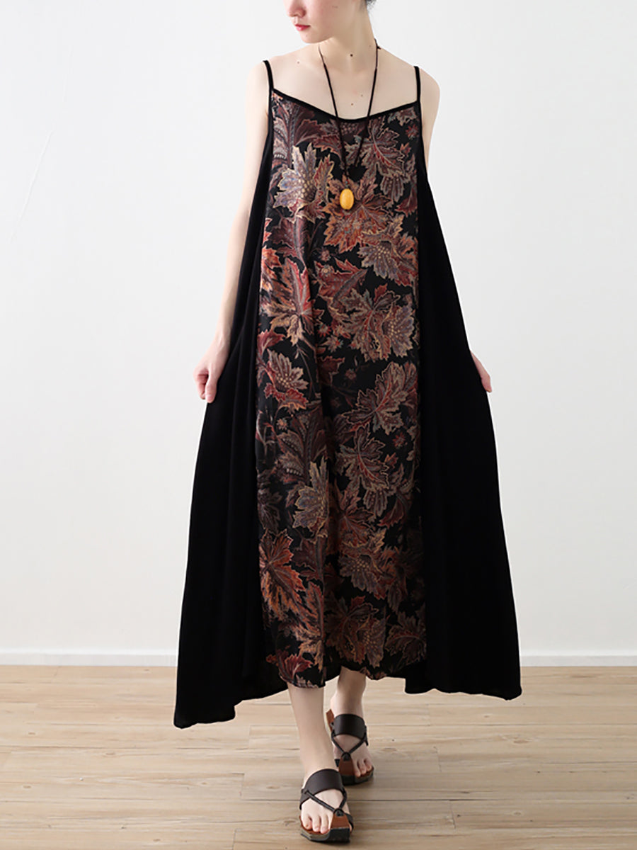 Women Vintage Flower Spliced Vest Long Dress