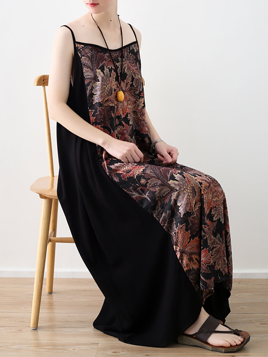 Women Vintage Flower Spliced Vest Long Dress